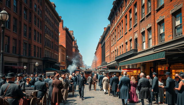 A bustling street scene in 1880s New York City, filled with horse-drawn carriages and elegantly dressed pedestrians in period-appropriate attire such as bowler hats, long coats, and long dresses