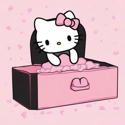 A serene and peaceful image of Hello Kitty resting in a pink coffin, dressed in a black dress with her arms crossed over her chest