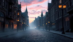 An empty street in 1880s New York City, interpreted in a fantasy style, devoid of animals or spirits