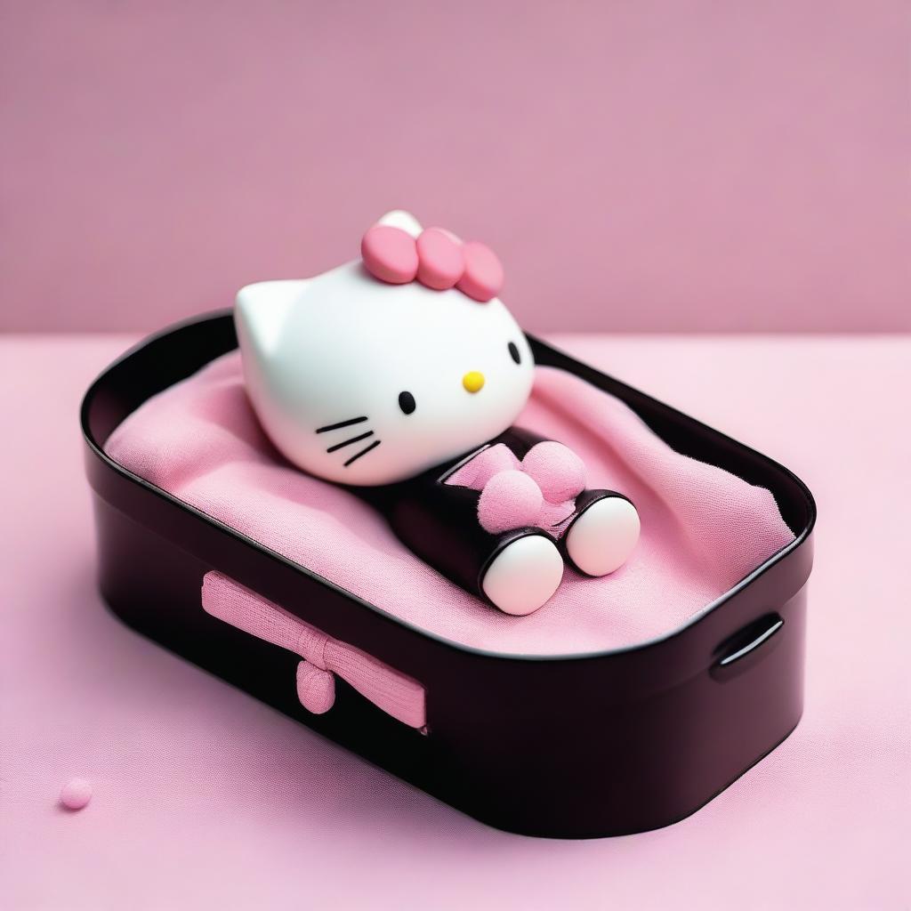 A serene and peaceful image of Hello Kitty resting in a pink coffin, dressed in a black dress with her arms crossed over her chest