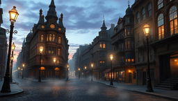 An empty street in 1880s New York City, interpreted in a fantasy style, devoid of animals or spirits