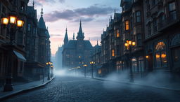 An empty street in 1880s New York City, interpreted in a fantasy style, devoid of animals or spirits