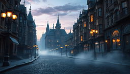 An empty street in 1880s New York City, interpreted in a fantasy style, devoid of animals or spirits