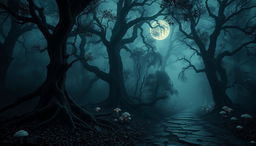 A spooky ancient forest, shrouded in thick, swirling mist and atmospheric shadows