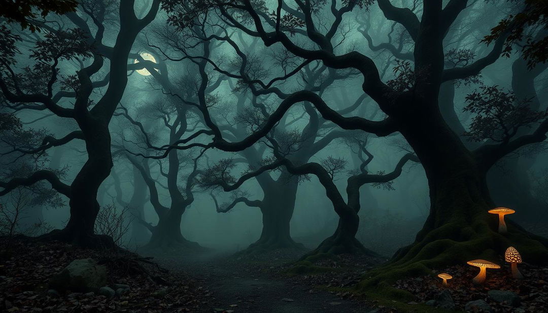 A spooky ancient forest, shrouded in thick, swirling mist and atmospheric shadows