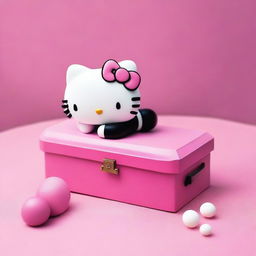 Create a dignified scene of Hello Kitty lying gently in a pink coffin