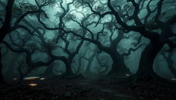 A spooky ancient forest, shrouded in thick, swirling mist and atmospheric shadows