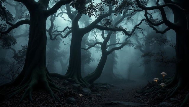 A spooky ancient forest, shrouded in thick, swirling mist and atmospheric shadows