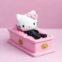 Create a dignified scene of Hello Kitty lying gently in a pink coffin