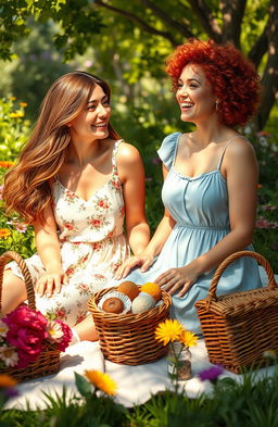 A heartwarming scene depicting two women enjoying a sunny afternoon together in a cozy garden