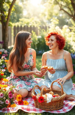 A heartwarming scene depicting two women enjoying a sunny afternoon together in a cozy garden