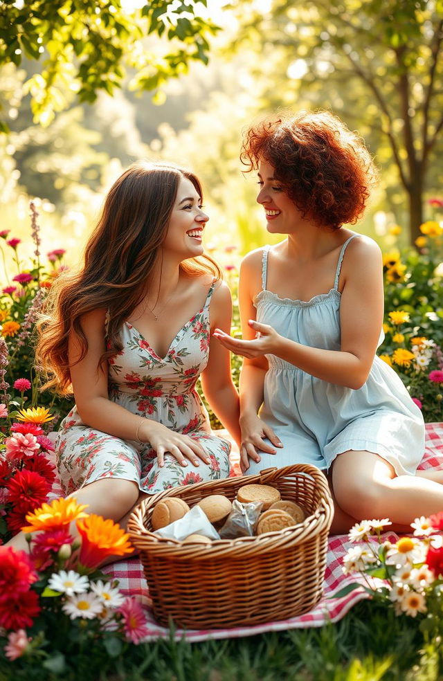 A heartwarming scene depicting two women enjoying a sunny afternoon together in a cozy garden