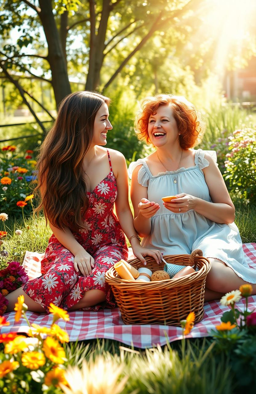 A heartwarming scene depicting two women enjoying a sunny afternoon together in a cozy garden