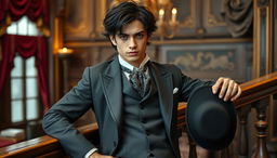 A roguish yet handsome young man from the Victorian era, exuding charisma and charm
