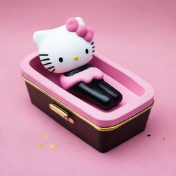 Create a dignified scene of Hello Kitty lying gently in a pink coffin