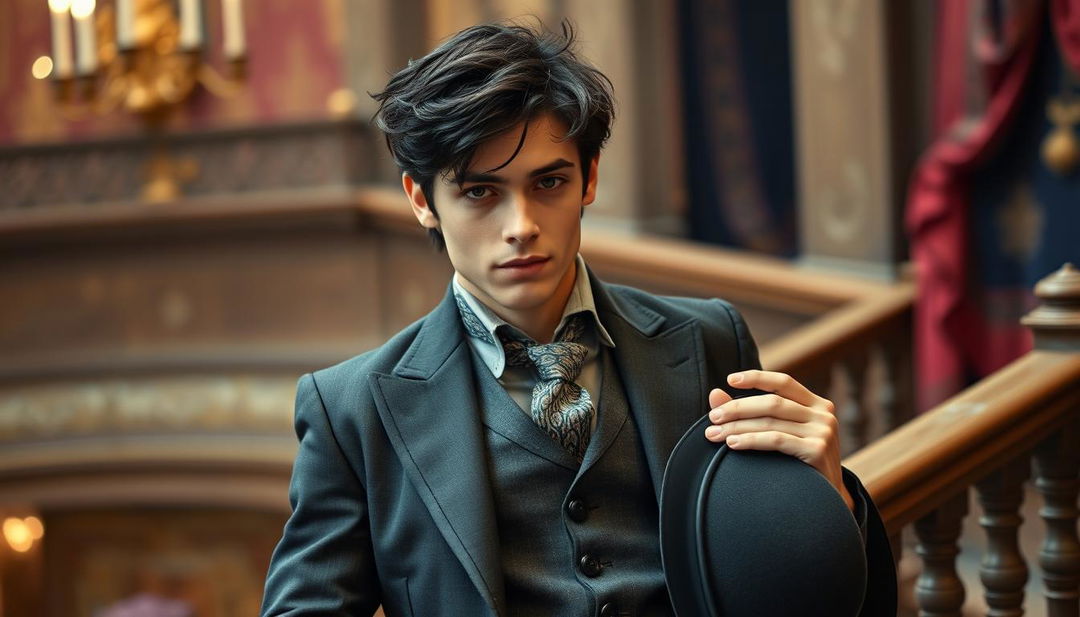 A roguish yet handsome young man from the Victorian era, exuding charisma and charm