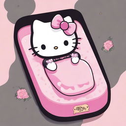 An image evoking nostalgia, featuring Hello Kitty, styled in 2D reminiscent of 90s Sanrio animation, lying restfully in a pink coffin