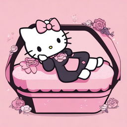 An image evoking nostalgia, featuring Hello Kitty, styled in 2D reminiscent of 90s Sanrio animation, lying restfully in a pink coffin