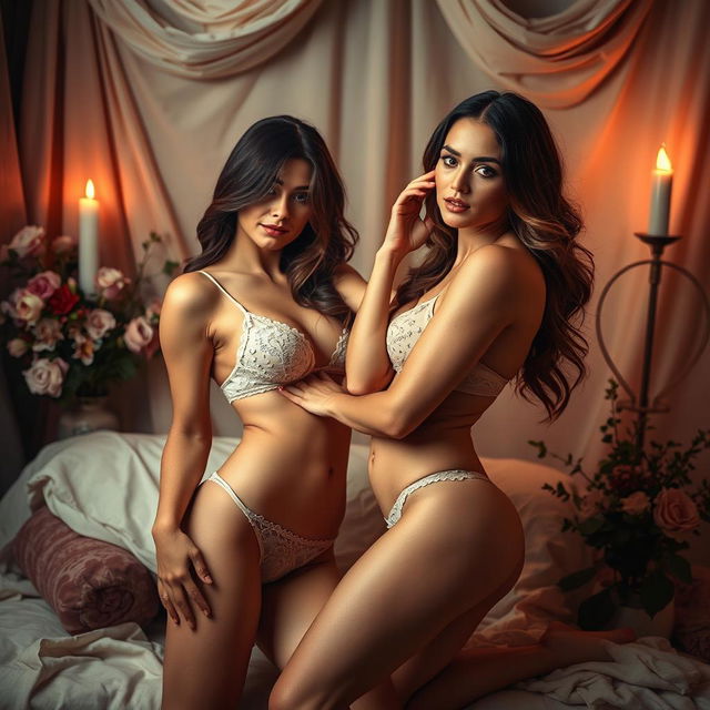 A sensual scene featuring two confident women in an artistic setting, both wearing delicate lingerie that accentuates their curves