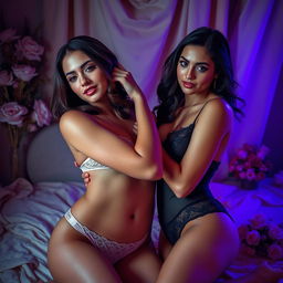 A sensual scene featuring two confident women in an artistic setting, both wearing delicate lingerie that accentuates their curves