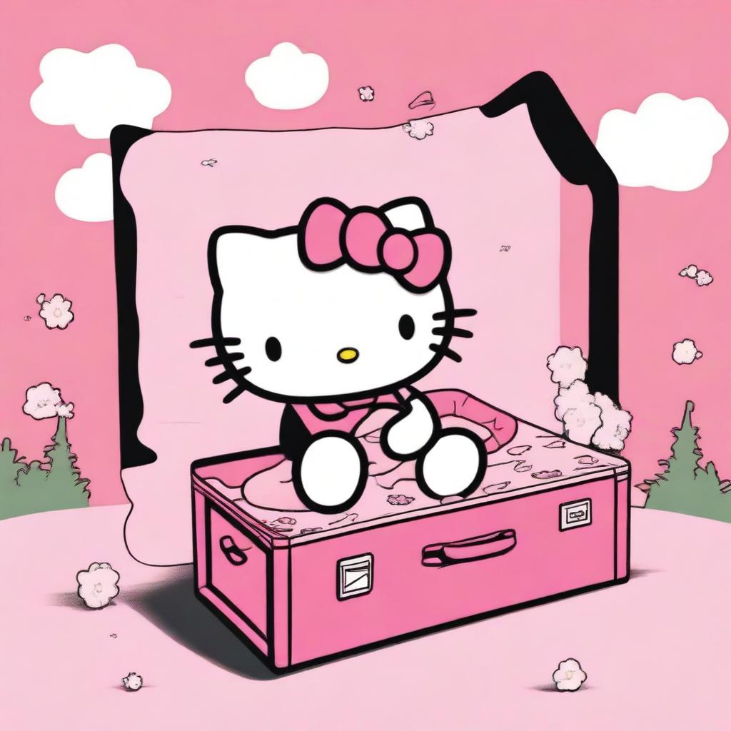 An image evoking nostalgia, featuring Hello Kitty, styled in 2D reminiscent of 90s Sanrio animation, lying restfully in a pink coffin