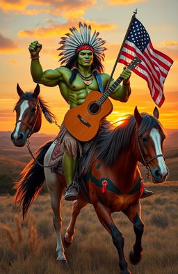 A Native American man with muscular build resembling the Hulk, confidently riding a stunningly painted horse