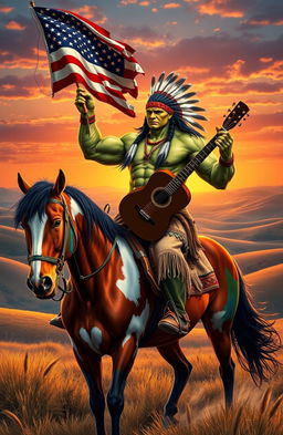 A Native American man with muscular build resembling the Hulk, confidently riding a stunningly painted horse