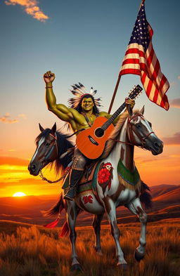 A Native American man with muscular build resembling the Hulk, confidently riding a stunningly painted horse
