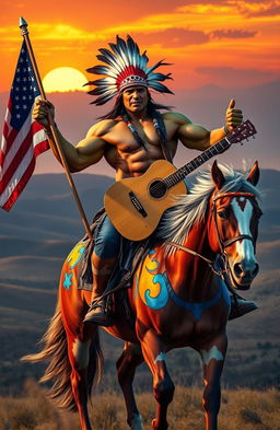 A Native American man with muscular build resembling the Hulk, confidently riding a stunningly painted horse
