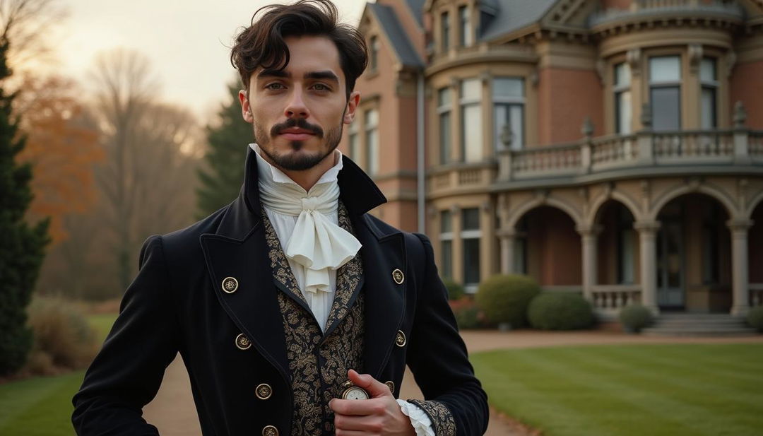 A wealthy Victorian era young man with black hair and dark brown eyes, exuding a roguish charm