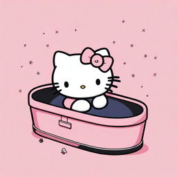 An image evoking nostalgia, featuring Hello Kitty, styled in 2D reminiscent of 90s Sanrio animation, lying restfully in a pink coffin