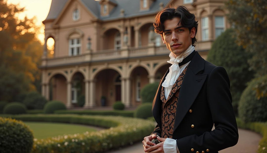 A wealthy Victorian era young man with black hair and dark brown eyes, exuding a roguish charm