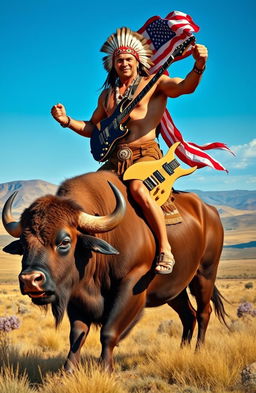 A Native American bodybuilder riding a majestic buffalo, showcasing strength and pride