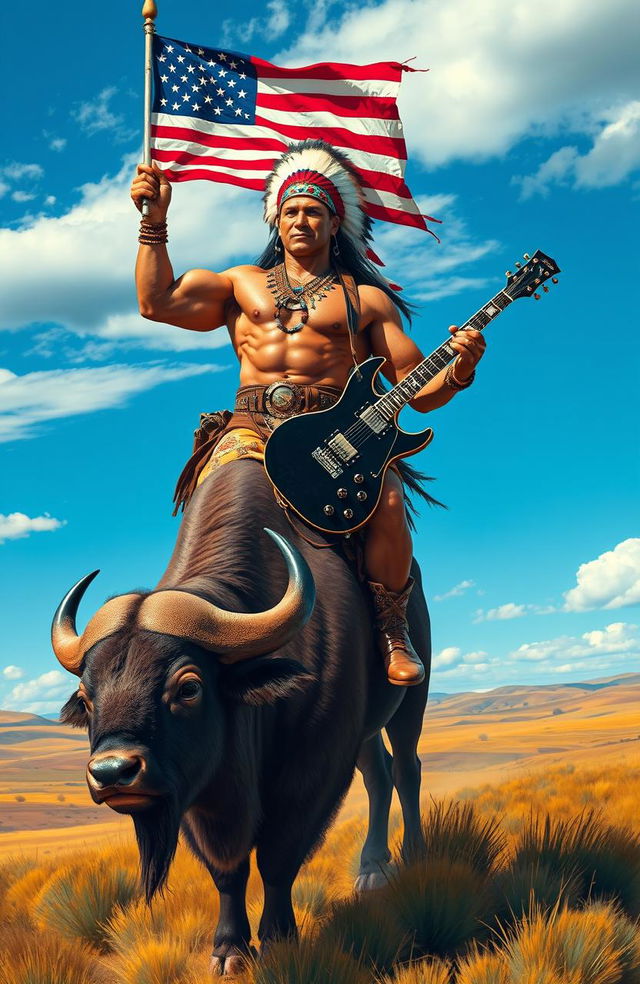 A Native American bodybuilder riding a majestic buffalo, showcasing strength and pride