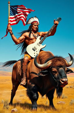 A Native American bodybuilder riding a majestic buffalo, showcasing strength and pride