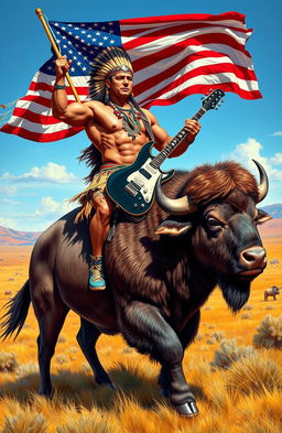 A Native American bodybuilder riding a majestic buffalo, showcasing strength and pride