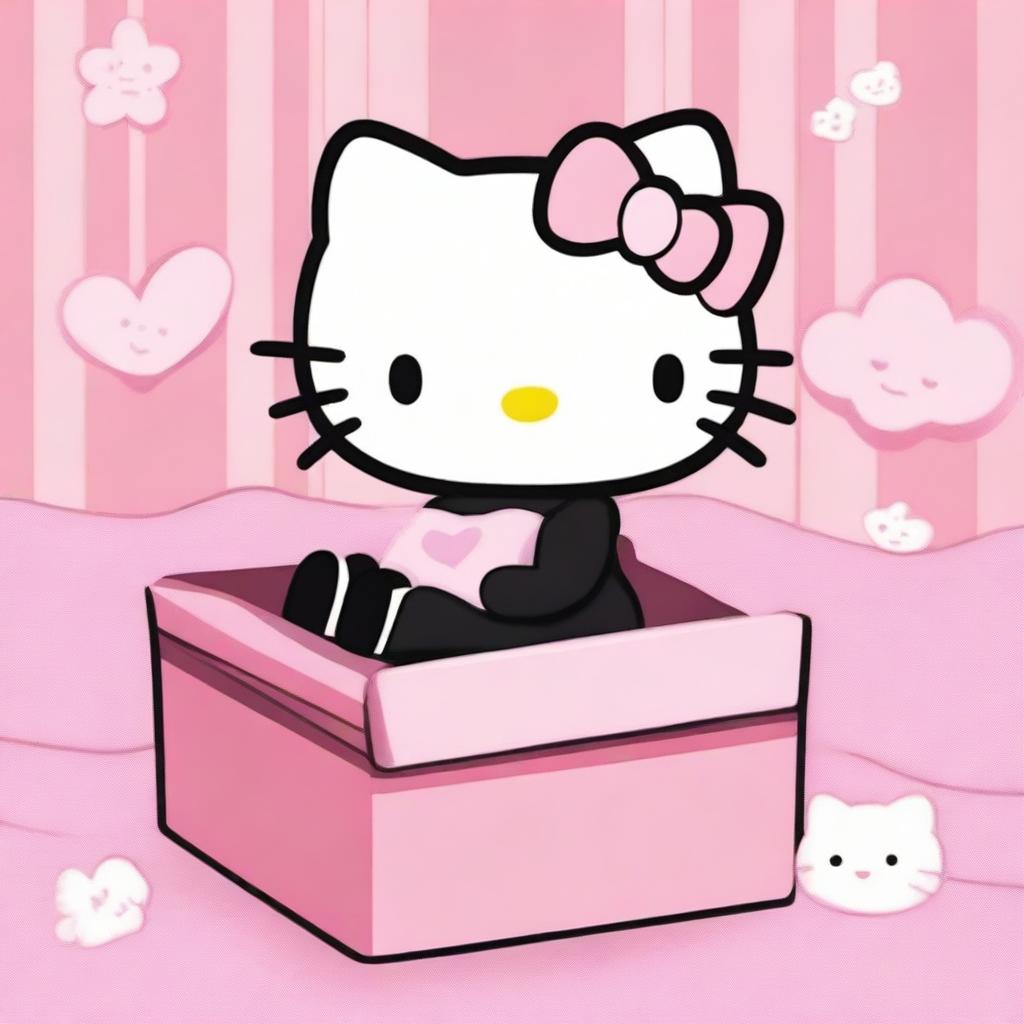 Hello Kitty, depicted in the nostalgic 2D style of 90s Sanrio animation, lying peacefully in a six-sided pink coffin