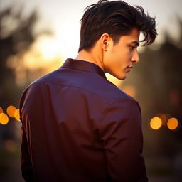 A romantic scene featuring a young man with his back turned, wearing a sleek black dress shirt