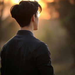 A romantic scene featuring a young man with his back turned, wearing a sleek black dress shirt