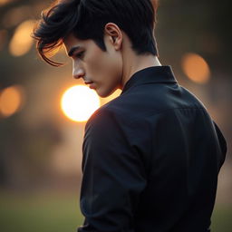 A romantic scene featuring a young man with his back turned, wearing a sleek black dress shirt