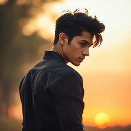 A romantic scene featuring a young man with his back turned, wearing a sleek black dress shirt