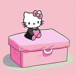 Hello Kitty, depicted in the nostalgic 2D style of 90s Sanrio animation, lying peacefully in a six-sided pink coffin