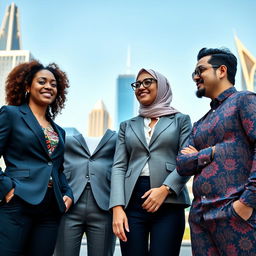 A dynamic group of modern leaders from diverse backgrounds standing together, each showcasing their unique style