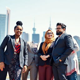 A dynamic group of modern leaders from diverse backgrounds standing together, each showcasing their unique style