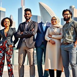 A dynamic group of modern leaders from diverse backgrounds standing together, each showcasing their unique style