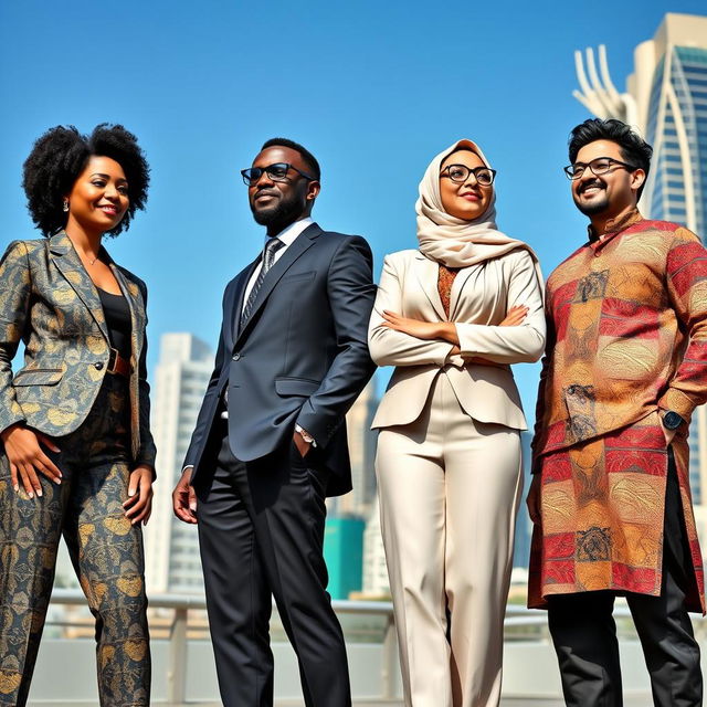 A dynamic group of modern leaders from diverse backgrounds standing together, each showcasing their unique style