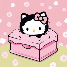 Hello Kitty, depicted in the nostalgic 2D style of 90s Sanrio animation, lying peacefully in a six-sided pink coffin