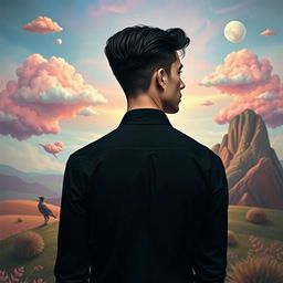 A surreal romantic scene featuring a young man with his back turned, wearing a sleek black dress shirt