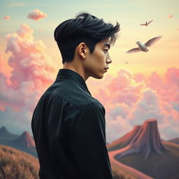 A surreal romantic scene featuring a young man with his back turned, wearing a sleek black dress shirt