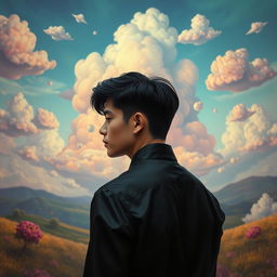 A surreal romantic scene featuring a young man with his back turned, wearing a sleek black dress shirt